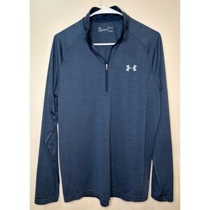 Under Armour Mens HeatGear Quarter Zip Pullover Blue Heathered Loose Fit Medium